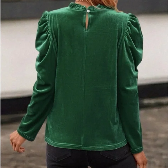 Green velvet frill neck top - Picture 5 of 7